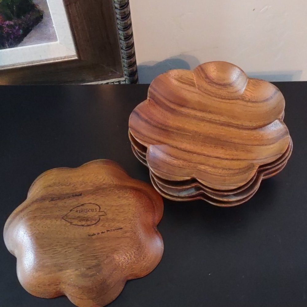 Vintage Monkey Pod Wood 5pc Small Scalloped Bowls by Hibiscus - Picture 3 of 6